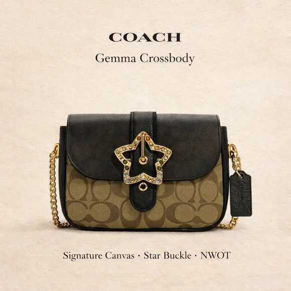 NWOT Coach Gemma Crossbody Khaki Black Signature Canvas Star Buckle - Picture 1 of 10